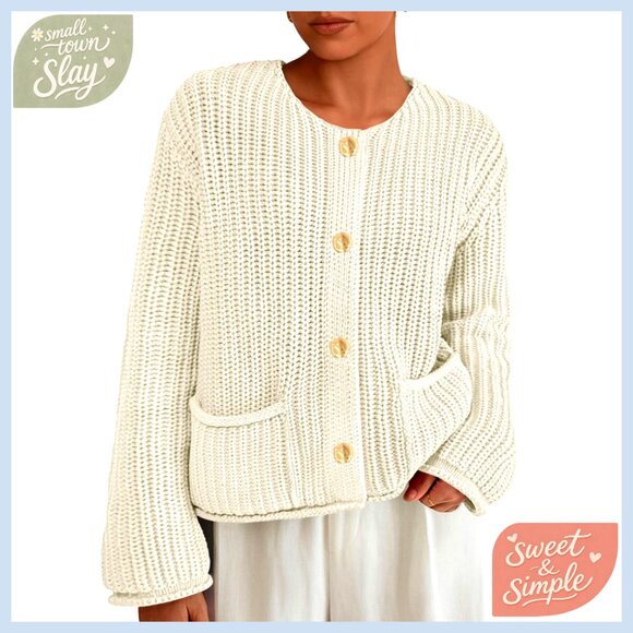 Oversized Chunky Knit Cardigan with Pockets Crewneck Button Front